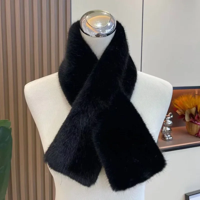 Imitation Fur Scarf Women Winter Thicken Warm Faux Fur Scarf Neck Protector Cross Collar Plush Shawl Scarves