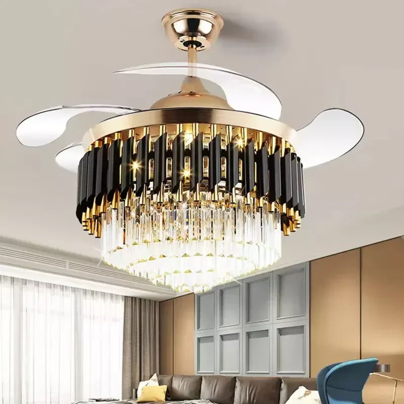 

Modern Crystal Decorative Ceiling Fan with Light Remote Control 42" 48"Hidden Blades LED Ceiling Fan for Residential living room