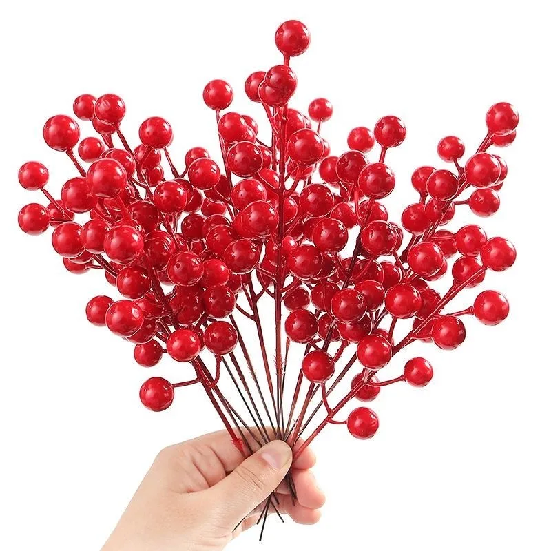 200/10PCS Artificial Red Berries Branches 7 Heads Holly Berry Flower Bouquet DIY Wreath for Xmas Tree New Year Party Decoration