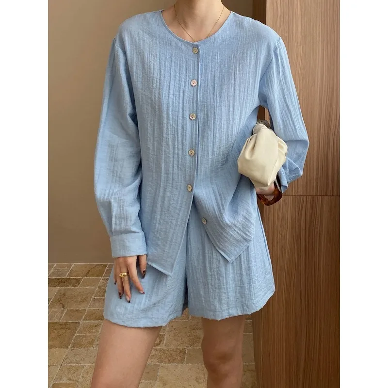 Old Money Wind Breathable Linen Blended Round Neck Shirt Shorts Two Piece Set For Women