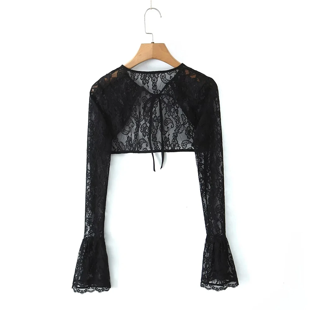 TWOTWINSTYLE Solid Sexy Lace Jackets for Women O Neck Spliced Lace Up Long Sleeve Temperament Coats Female New