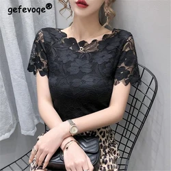 Elegant Sexy Chic Lace Slim Solid Short Sleeve Office Lady Basic Tops Summer Korean Fashion Women's O Neck T-shirts Clothing2023