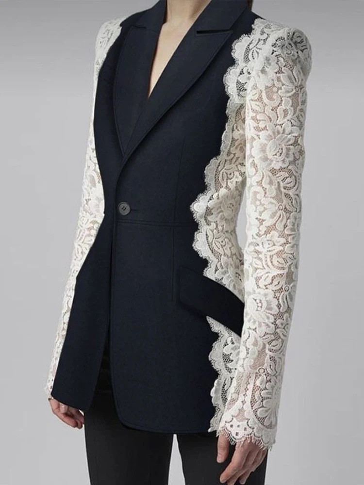 Brand Black Blazers With Lace Sleeve For Women Weddings 2023 New Fashion Slim Fit One Button Panel Coat Suit Formal Blazer