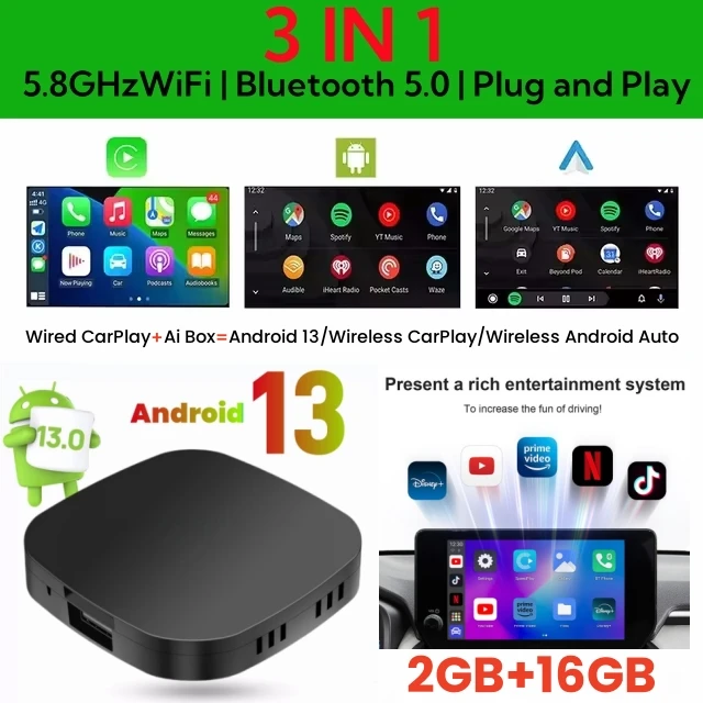 Carplay AI Box Android 13 Draadloze Android Auto Smart TV Box Voor Youtube Netflix Toyota Mazda Hyundai Haval GMC Ford MG VW Kia