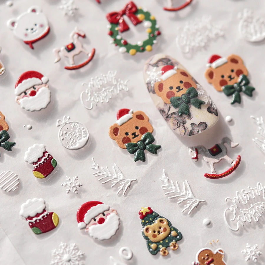 Winter Snowflake Christmas Santa Claus Elk Bear Tree Rhinestone 5D Embossed Relief Self Adhesive Nail Art Sticker Manicure Decal