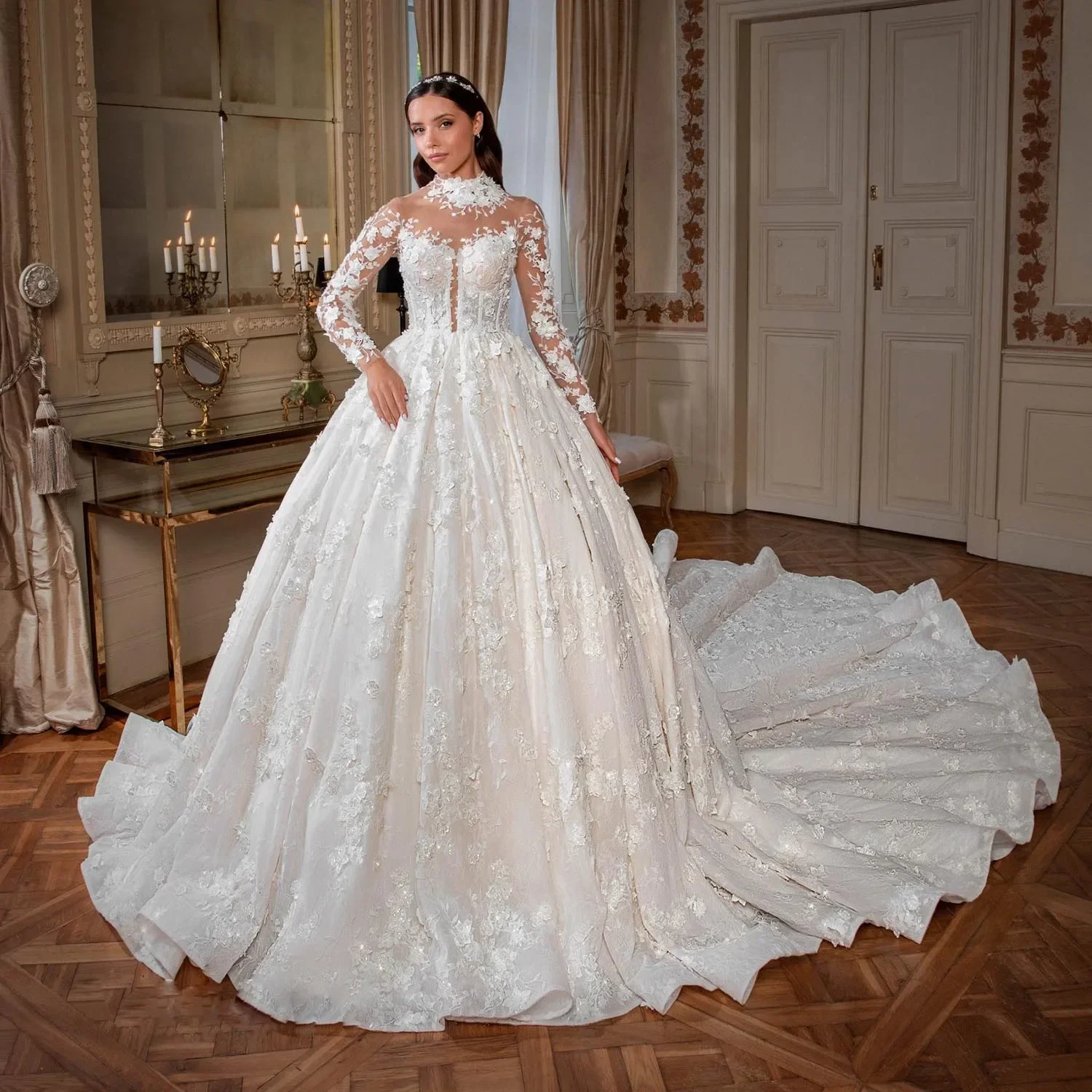 

Customized High Collar Ball Dress Wedding Dress Luxury Lace Decal A-line Wedding Dress Vest Long Sleeve Retro Wedding Dress