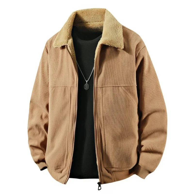 

Вельветовая рабочая одежда на флисовой подкладке, мужская осенне-зимняя корейская модная мужская теплая куртка с воротником, повседневное винтажное утепленное пальто
