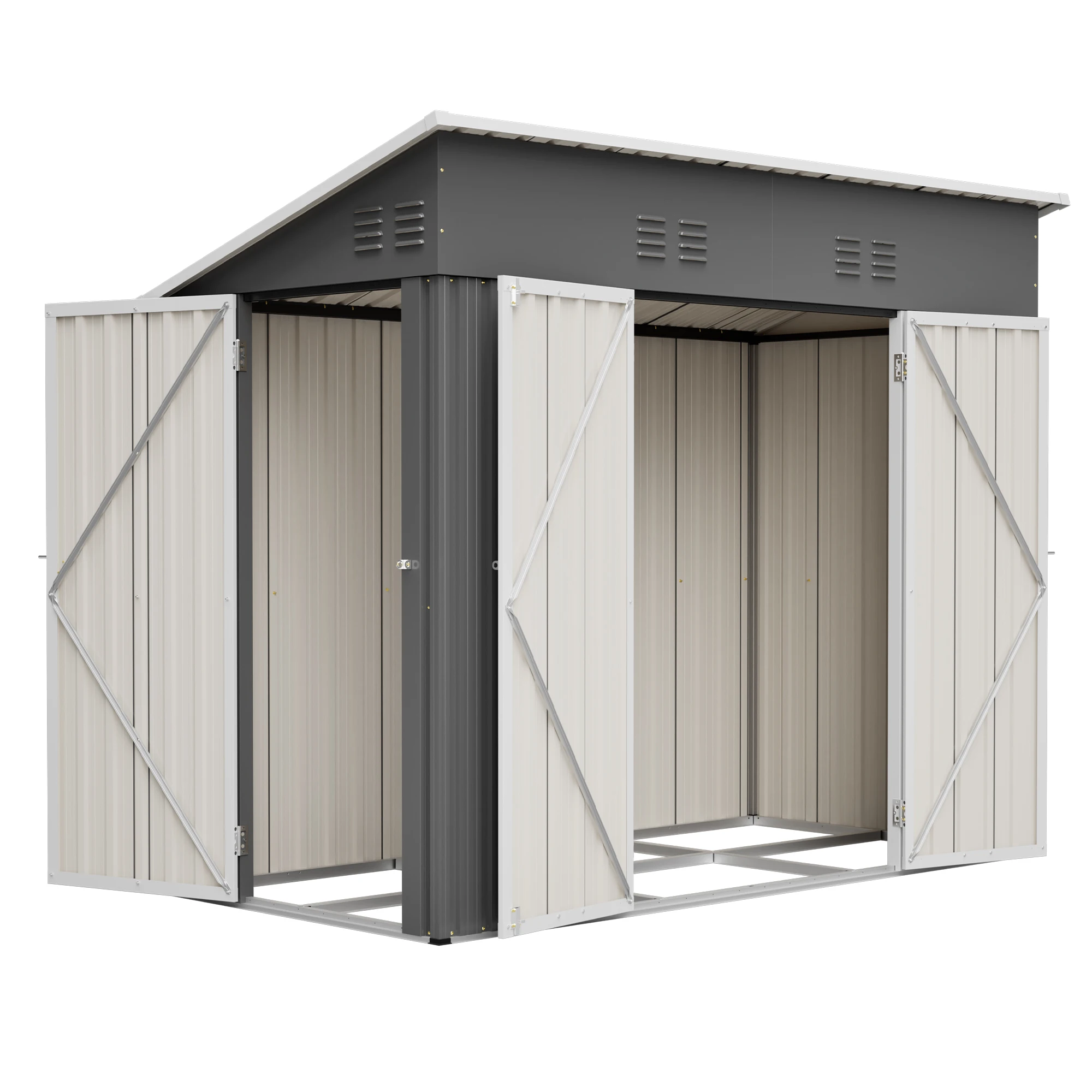 229×111×192cm Outdoor-Metall-Gartenschuppen mit Metallbodengestell, großer Geräteschuppen für den Garten mit doppelt abschließbaren Türen und Seitentür, schrägem Dach, wasserdichtem und rostfreiem