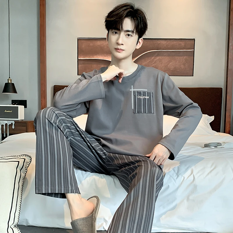 Autumn Men Pajamas Sets Spring Knit Cotton Sleepwear Long Sleeve Striped Long Trousers Pyjamas Male Home Suit Pijamas Hombre