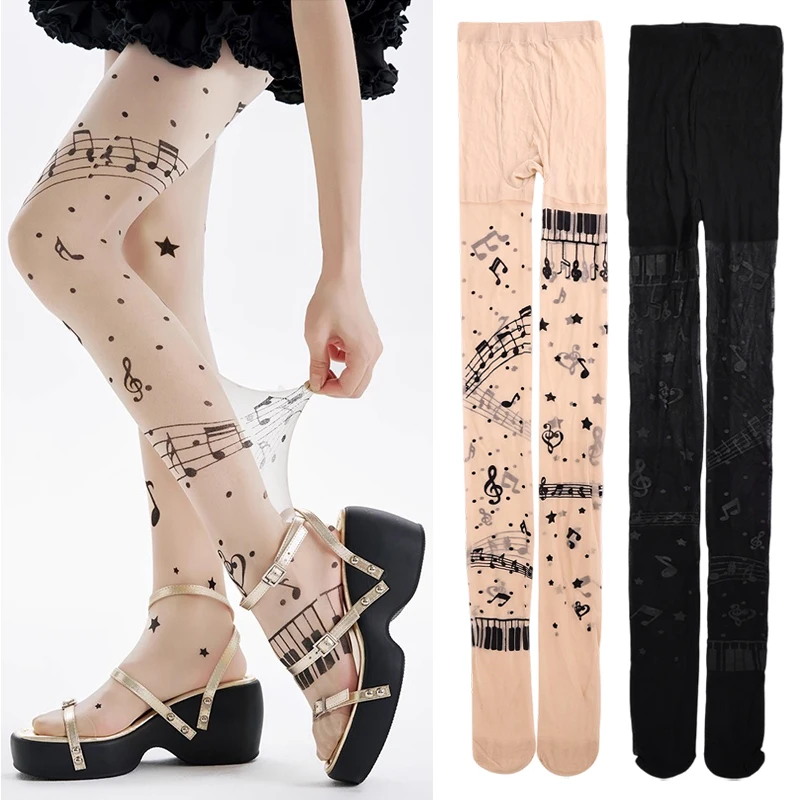 

Колготки Y2K с принтом музыкальной ноты, прозрачные эластичные нейлоновые колготки, женские винтажные эстетические уличные чулки, очаровательные аксессуары, подарки