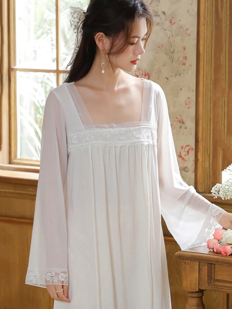 Women Romantic Victorian Cotton Fairy Night Dress Sexy Lace Long Sleeve Peignoir Vintage Nightgowns Sweet Princess Sleepwear