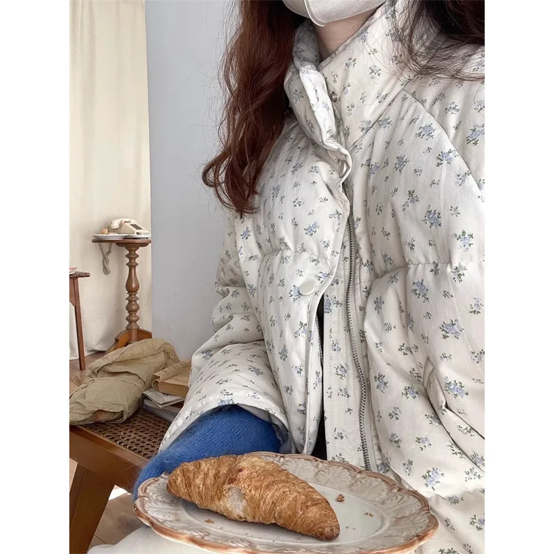 Warm Cute Sweet Women Coats Cotton Printed Florals Chic Elegant Loose Thicken New Daily Winter All Match High Street Parkas