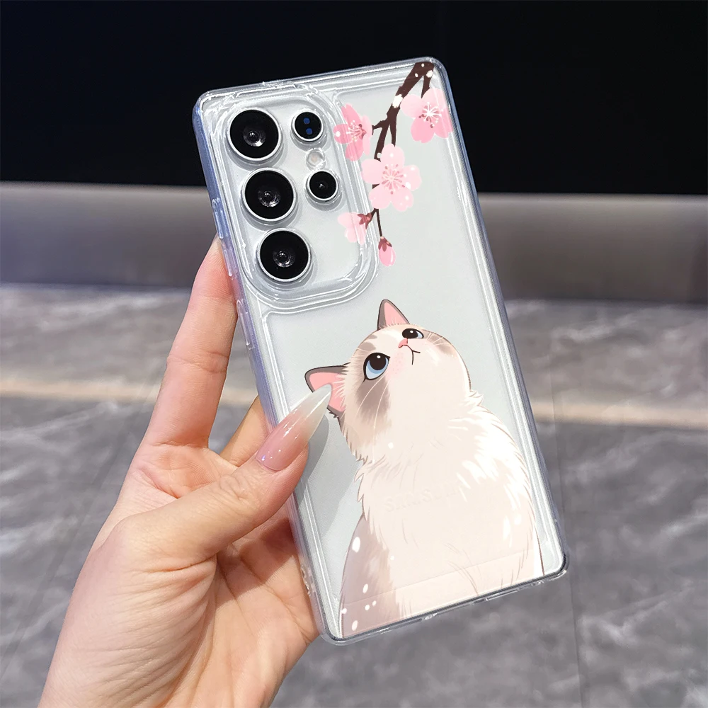 Cute Cat and Cherry Blossoms Phone Case for Samsung Galaxy S26 S25 S24 S23 S22 S21 S20 FE Plus Lucency TPU Protection Cover