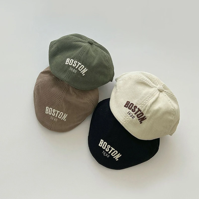 Fashion Letter Beret Drawstring Baby Duck Tongue Cap 2-6year Kids Sunshade Visors Autumn Winter Corduroy Children Forward Hat view 2