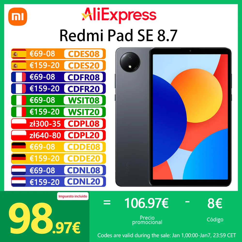 Xiaomi Redmi Pad SE 8.7 Tablet, MediaTek Helio G85, 8.7 inches, small and portable, 90 Hz, 8 MP camera, 6650 mAh