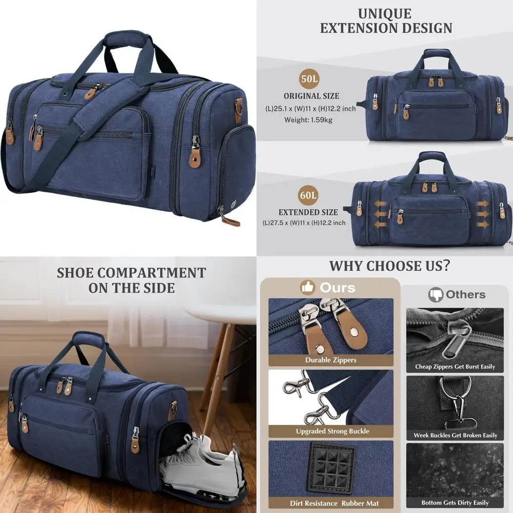 

Большая дорожная спортивная сумка выходного дня на 60 л с карманом для обуви — синяя парусиновая ночная сумка для коротких поездок