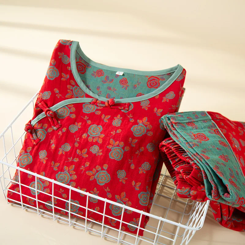 Vintage Women's Red Rose Pajamas Cotton Long Sleeve Pullover Pants Sleepwear Home Clothes Soft Casual Set Woman 2 Pieces