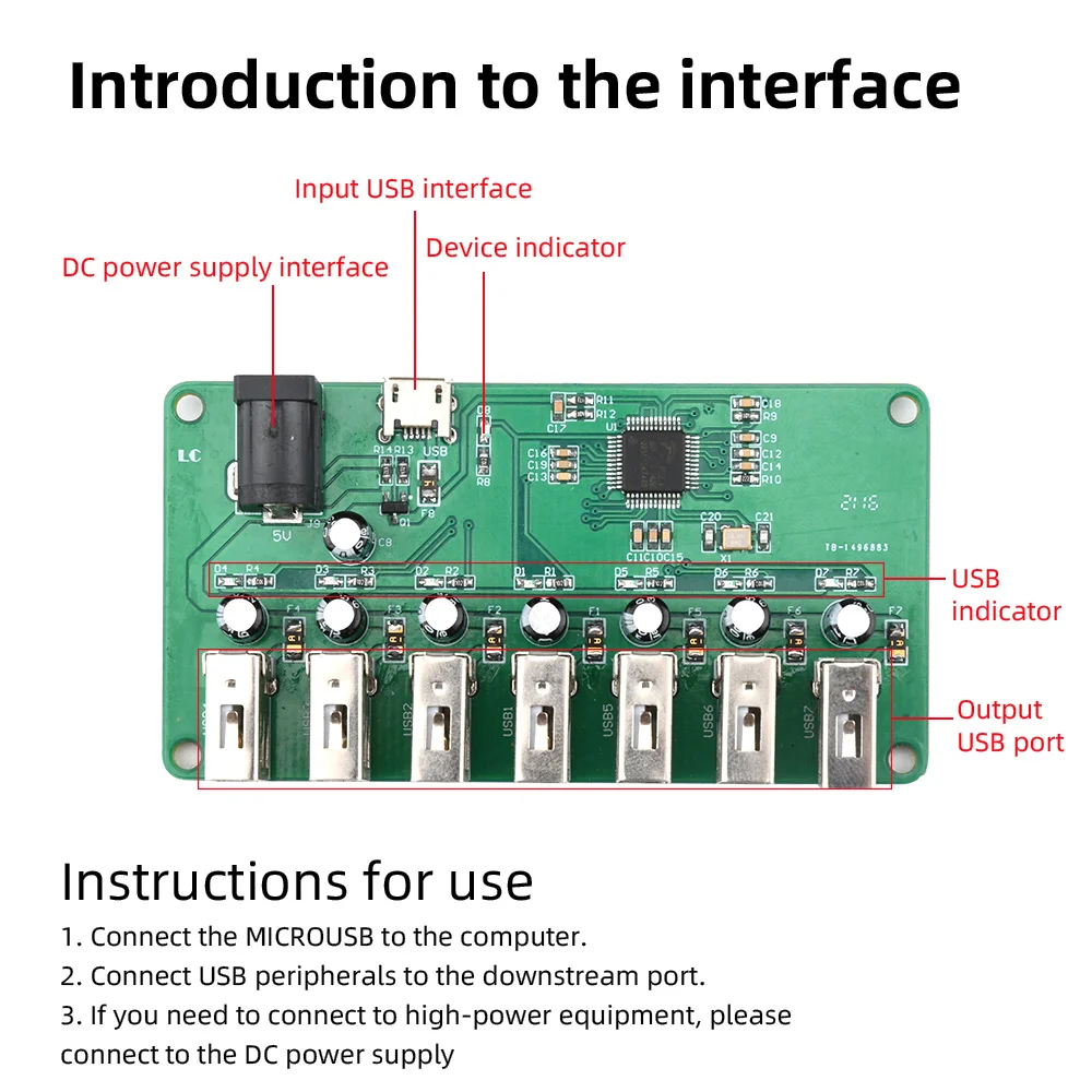 1 szt. moduł USB 2.0 HUB 1 do 7 Port Hub USB Płytka rozszerzeń Siedmioportowy moduł rozdzielacza Micro USB Type-C DC 5V