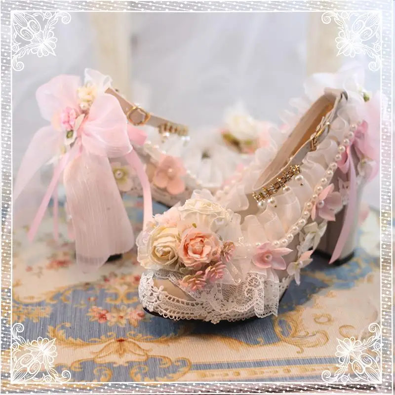 Custom Lolita Flower Wedding Shoes Hand-Made Lo Artificial Rose Lace Chunky Heel High