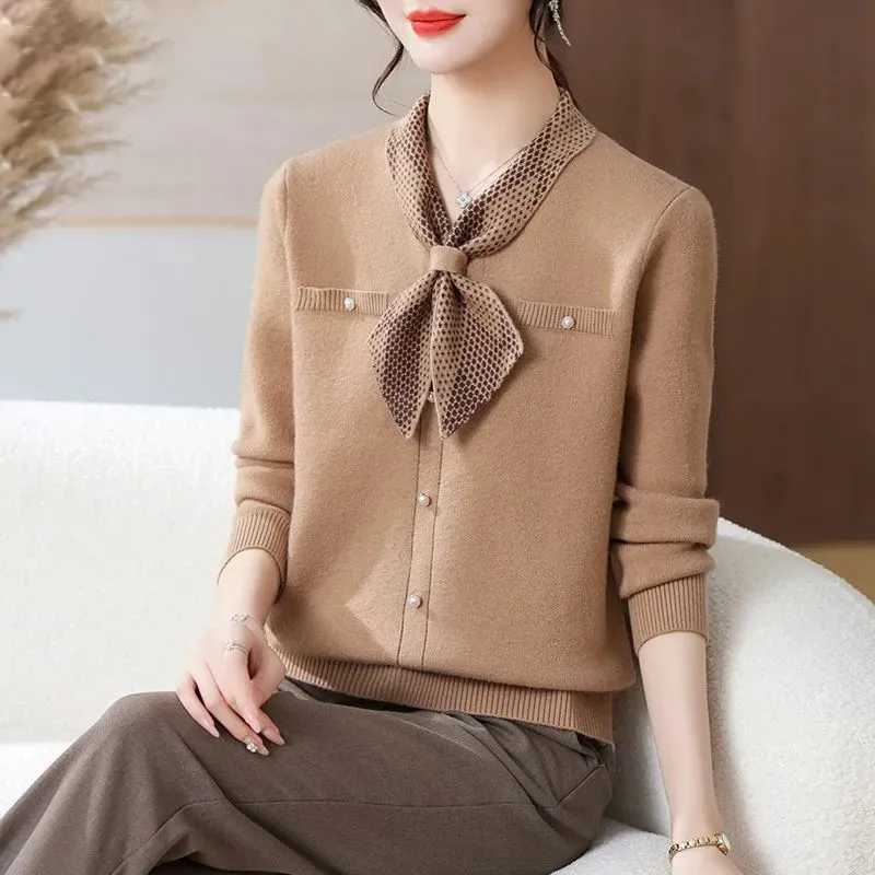 

Осенний вязаный свитер, новинка 2025 года, пуловер, шарф, пуговицы, модный однотонный базовый топ