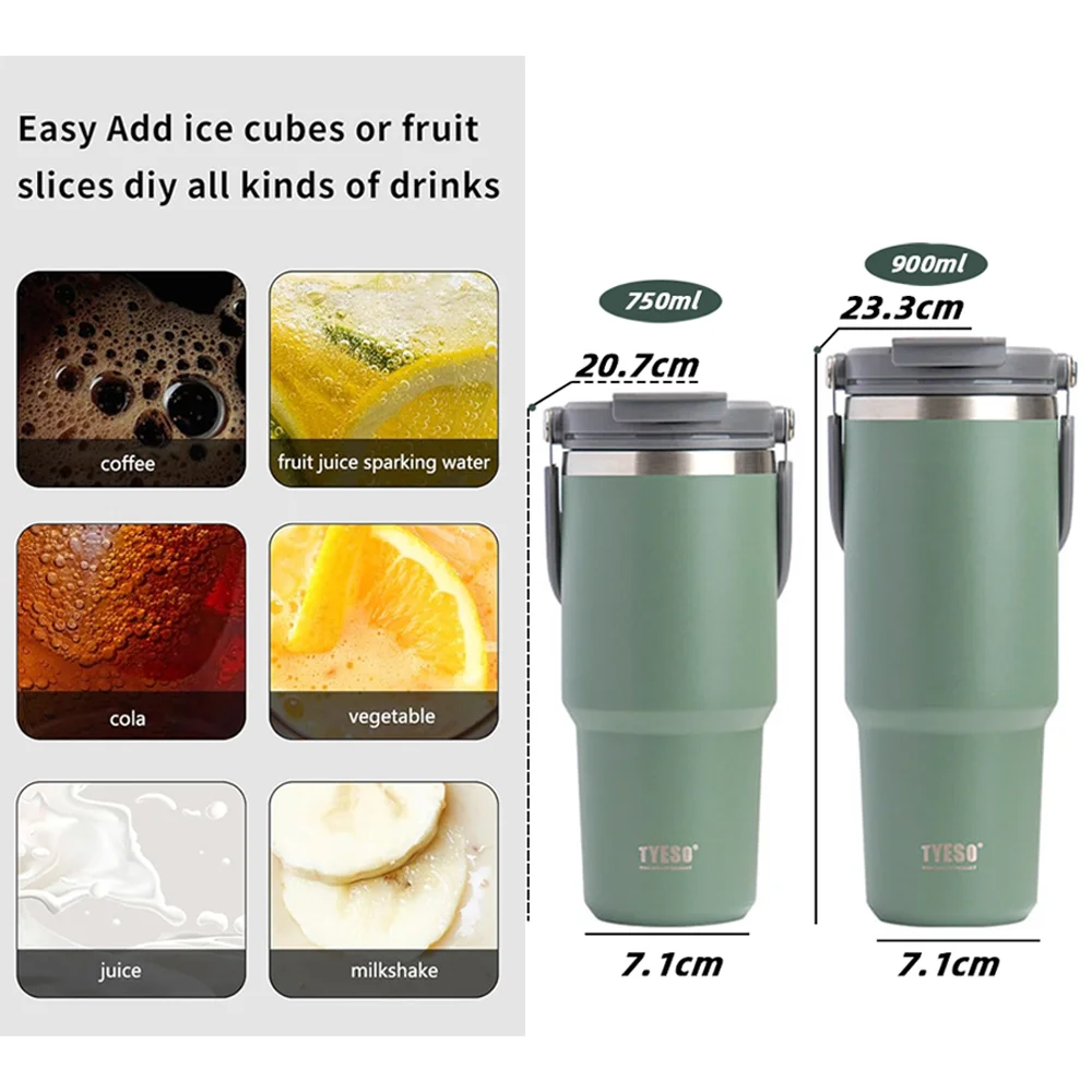 TYESO Thermal Coffee Cup with Handle Straw Thermos Bottle for Hot Drink Insulated Coffee Mug Stainless Steel Vacuum Flask Travle