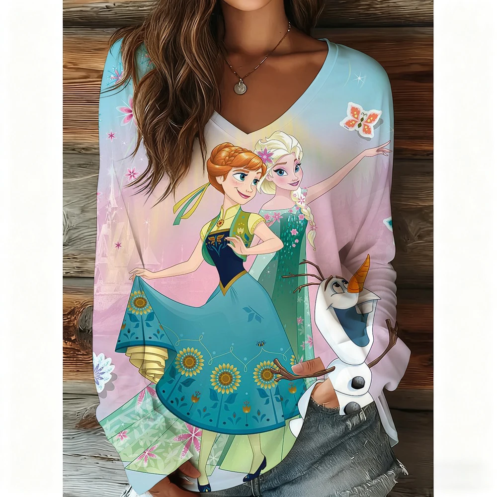 

Модная женская футболка с рисунком принцессы Диснея, с v-образным вырезом и длинными рукавами, повседневная дышащая женская одежда из полиэстера, футболки