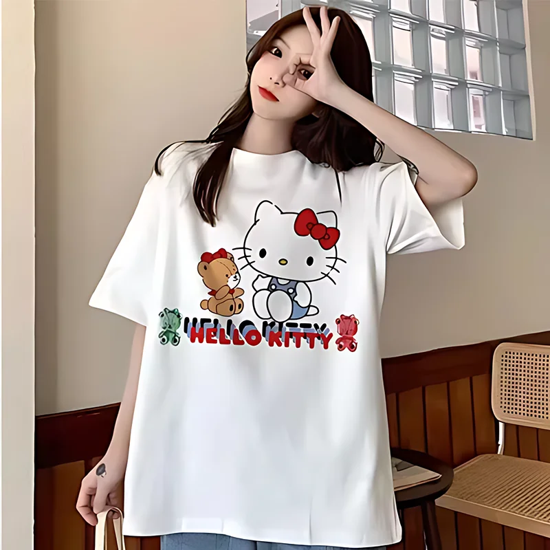 MINISO Disney Hello Kitty camiseta de manga corta para mujer aspecto de pareja adorables estampados a juego tela suave moda traje de verano amantes
