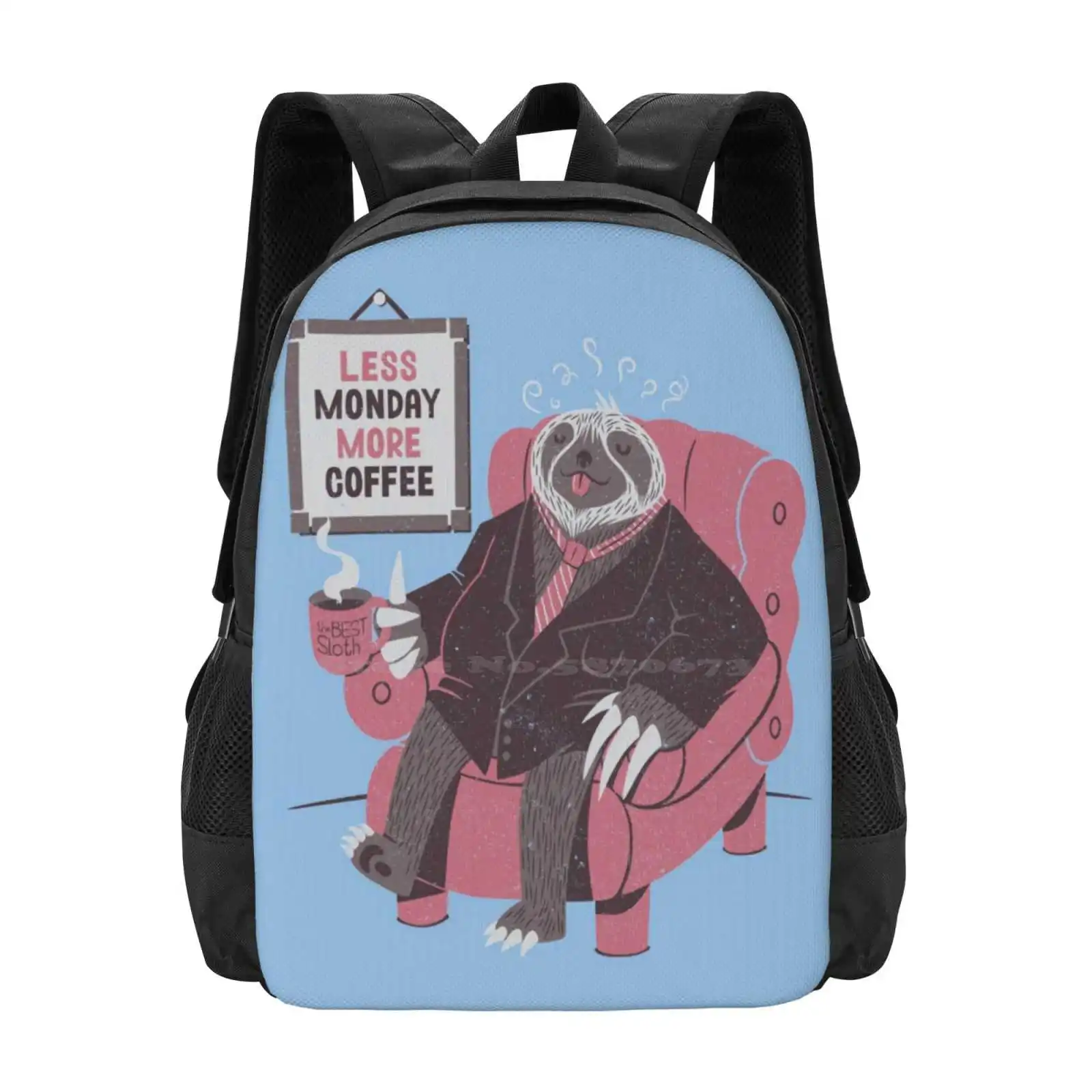 Lunedì modello design bagpack borse da scuola lunedì bradipo animali caffè amante del caffè carino divertente pigro personalizzato economico Tobias Fonseca