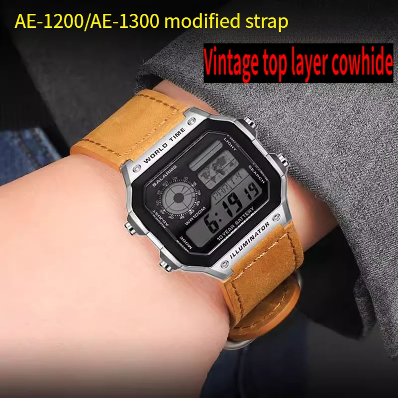 لـ Casio 3299 AE-1200 AE-1300 AE-1500 SGW-300/400 W218h F-91 حزام ساعة جلدي عتيق عالي الجودة 18 متر أسود بني #1