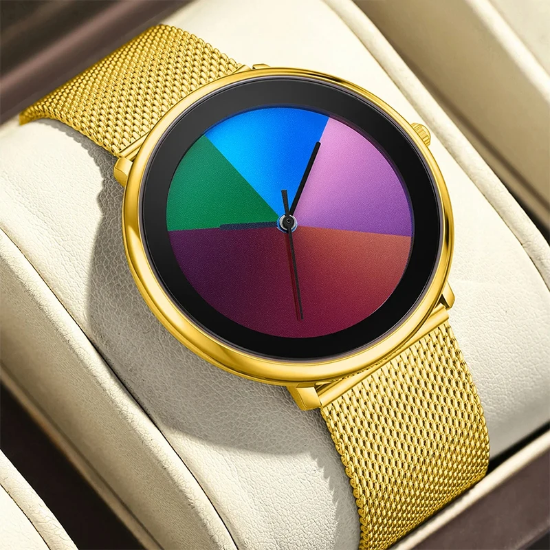 

LIGE Watches For Woman Fashion Changing Color Dial Striped Woman Watch Ultra-Thin Mesh Belt Waterproof Quartz Women's Wristwatch