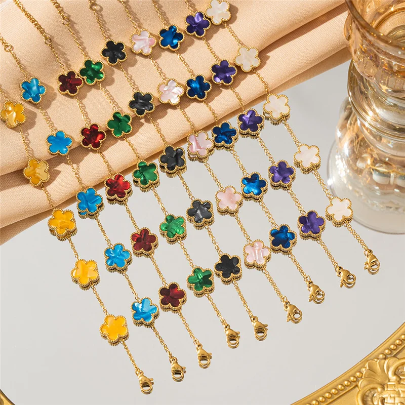 Popular Stainless Steel Golden Coated Five Leaf Flower Bracelet Collection: Various Color Options, Perfect for Daily Party Wear