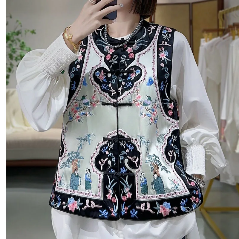 

Chinese Style Vest Women's Spring And Autumn Embroidery Peony Loose Sleeveless Lady Top S-XXL