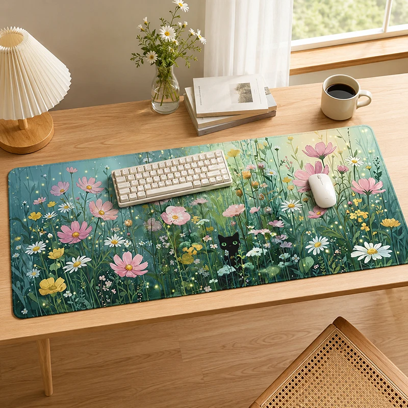 Black Cat in Spring Flowers Mouse Pad Gaming XL Mousepad XXL Desk Mats Office Carpet Soft Desktop Mouse Pad