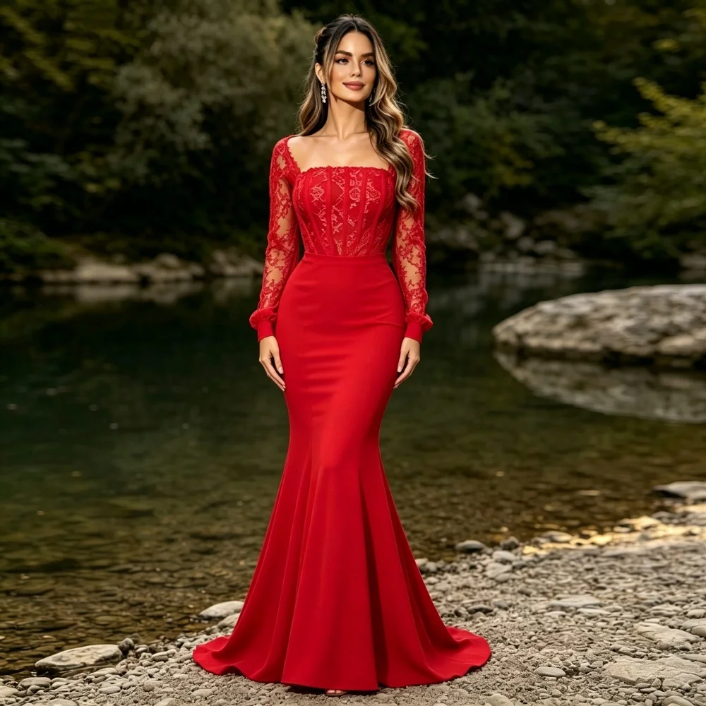 Customized Elegant Long Sleeves Evening Gowns Lace Mermaid Long Dresses Formal Elegant Party Dresses for Wedding High Quality