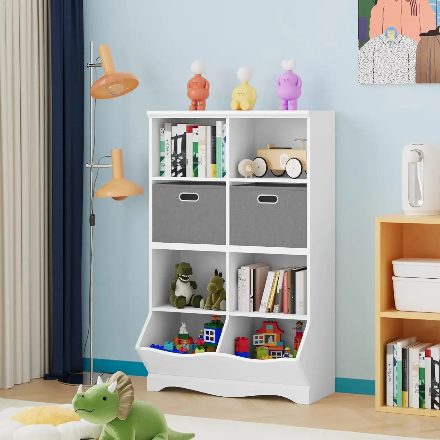 Estante infantil e estante com 2 caixas e cubículos, armário de armazenamento de brinquedos com 8 cubículos para meninos e meninas, quarto infantil, sala de jogos