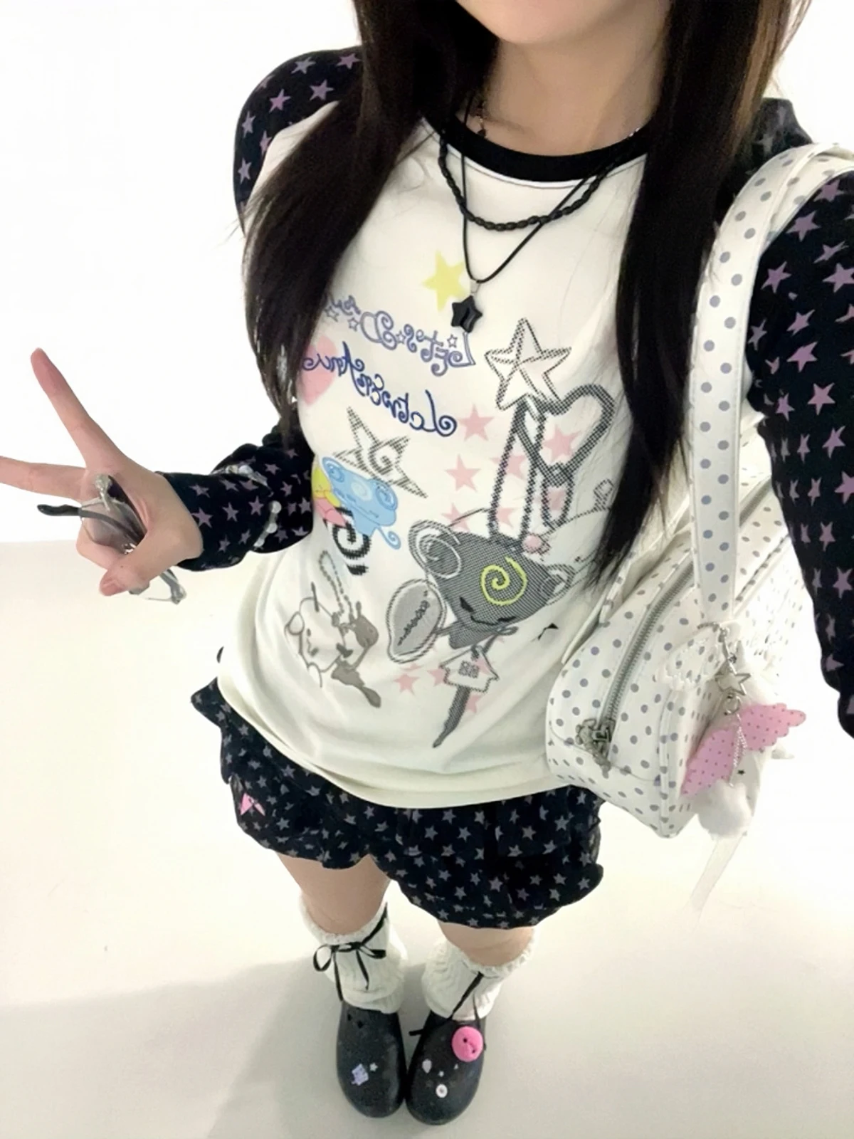 Slim Fit Long Sleeve round Neck T-Shirt Women's Korean Style Sakura Model Autumn Star Color Block Shoulder Insertion Top