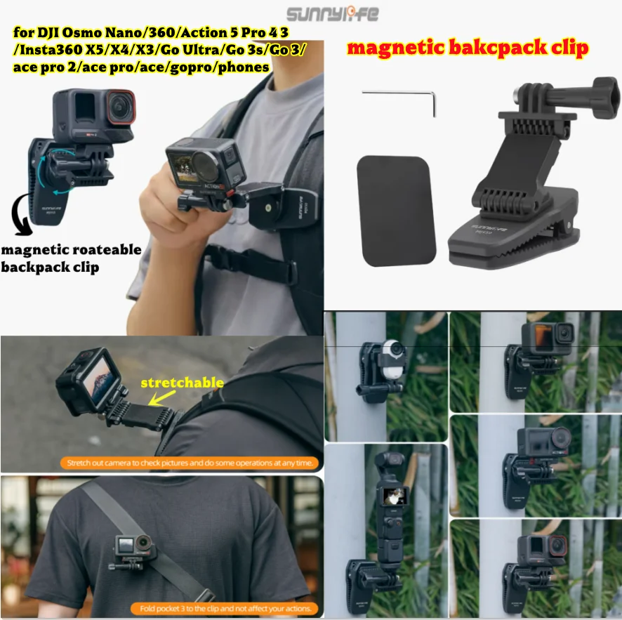 

360 Degree Rotating Magnetic Backpack Clip For DJI OSMO NANO POCKET 3 Insta X5 go ultra Gopro Suction Camera Clamp Mount Holder