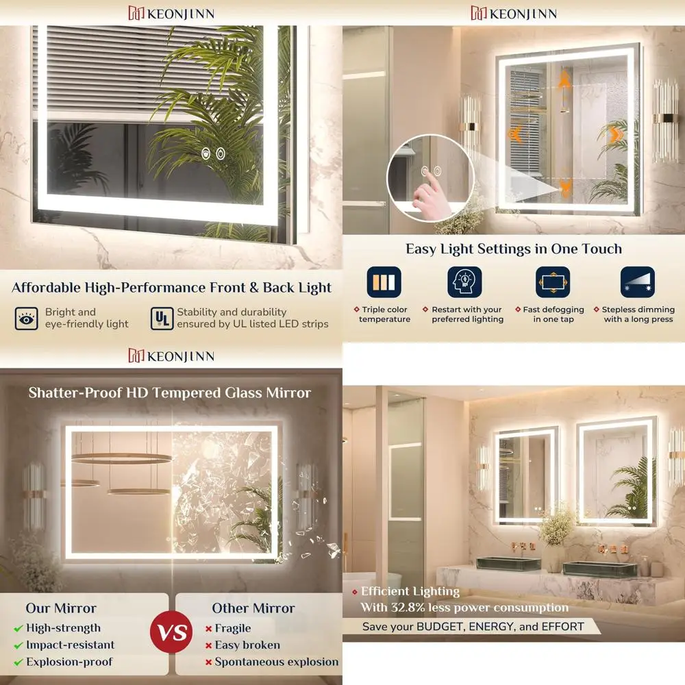 مرآة حمام مضاءة بإضاءة LED بثلاثة ألوان، مقاس 24 × 32 بوصة، مرآة زينة من الزجاج المقوى المضاد للضباب مع إضاءة أمامية وخلفية #1