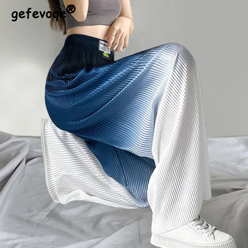 

2022 Summer Women Casual Gradient Ice Silk Thin Elastic High Waist Trousers Fashion Y2K Streetwear Loose Pleated Wide Leg Pants