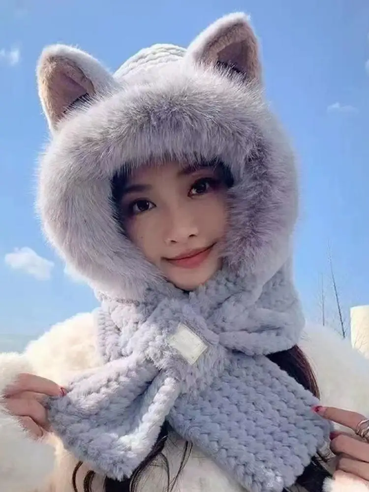 AliExpress NONE Cute Fluffy Hat Scarf Set for Girls Winter Warmth Thickened One-Piece Ear Protection Cap Integrated Mask for Cycling Outdoor