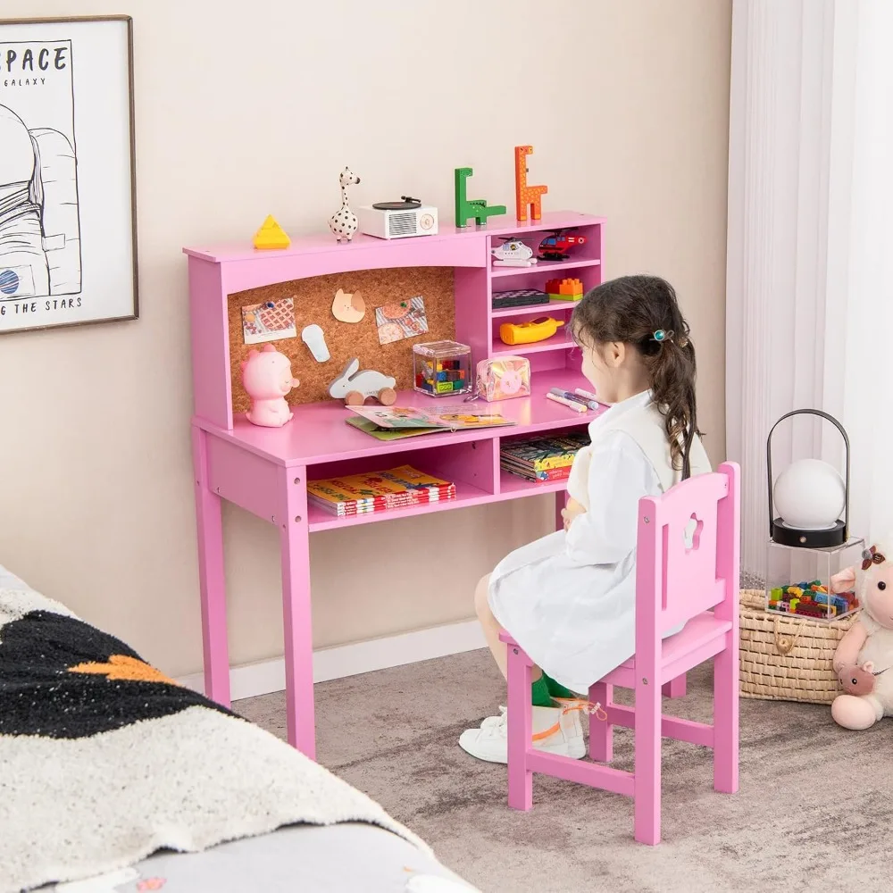 Kids Desk and Chair Set, Cork Bulletin Board, Student Writing Computer Workstation, Wooden Study Desk for Kids with Storage