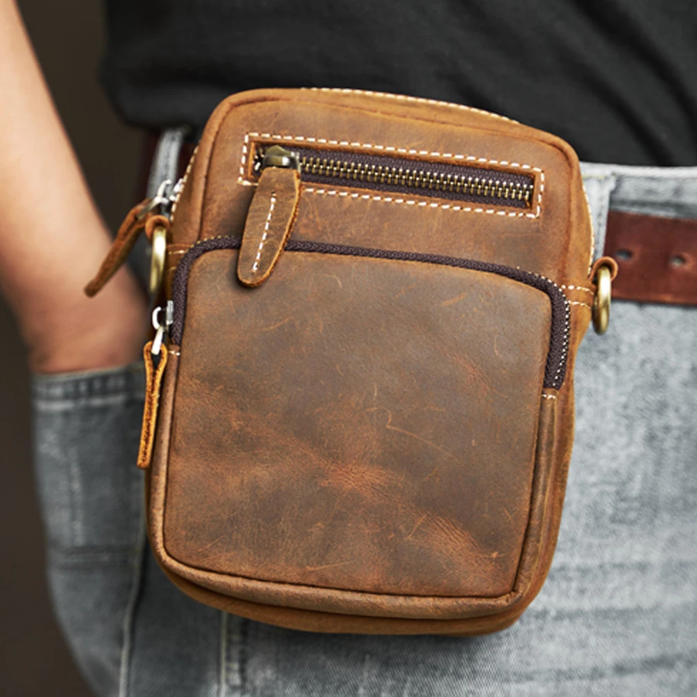 Genuine Leather Men\'s Shoulder Bag Vintage Style Small Satchel Large Capacity Waist Bag Mobile Phone Bag Crossbody Bag