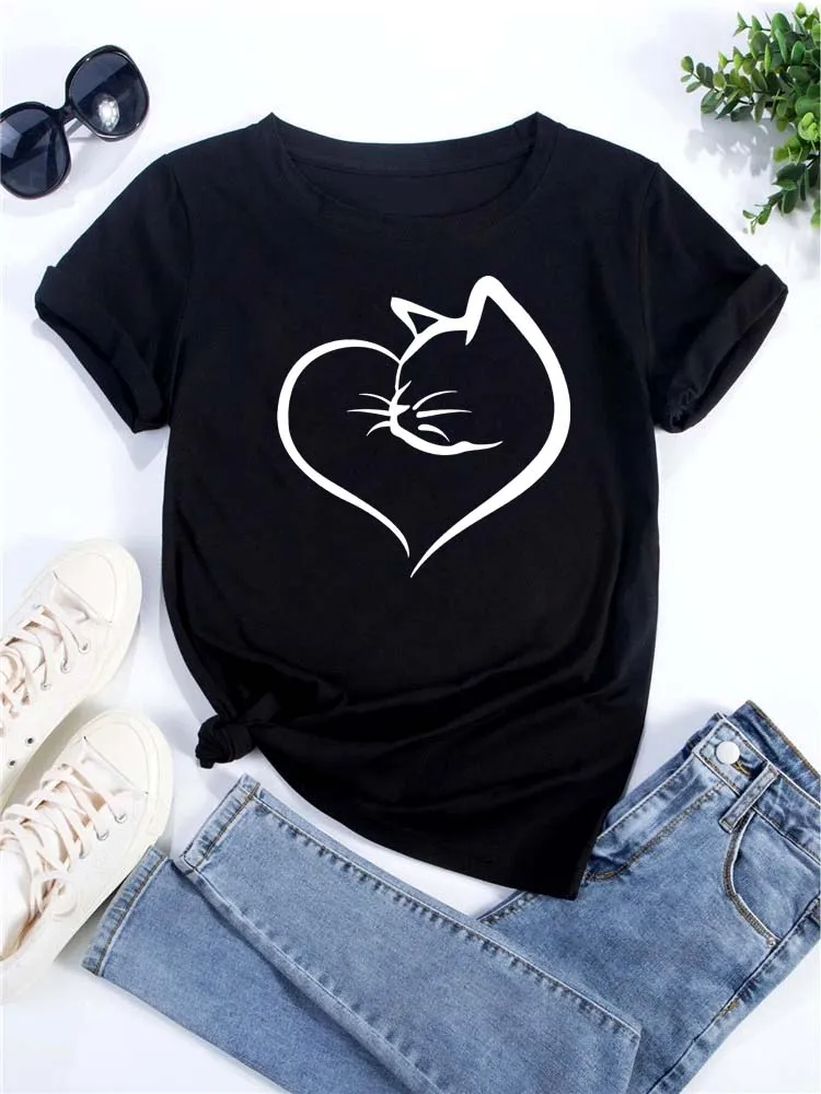 New Cute Love Heart Cat Print Women T-Shirt Casual Short Sleeve Top Summer Odzież damska Cartoon Streetwear Y2k Clothes