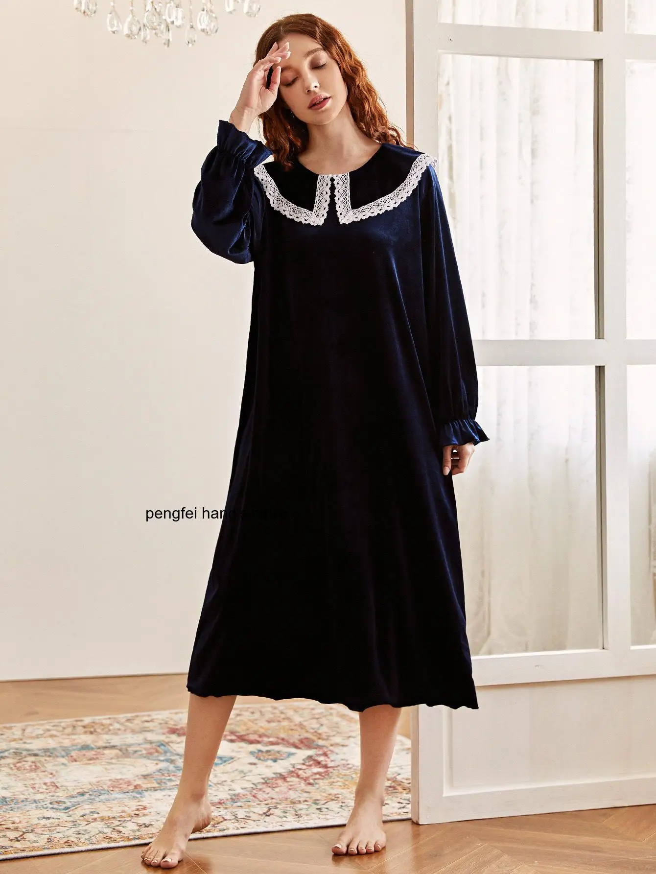 Autumn Winter Women Velvet Sleepwear Kimono Gown Sexy Lace Patchwork Round Collar Long Sleeve Nightgown Casual Homewear