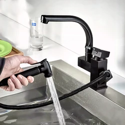 360° Rotating Stainless Steel Pull Out Kitchen Faucet Hot Cold Water Mixer Tap With High Pressure Sprayer