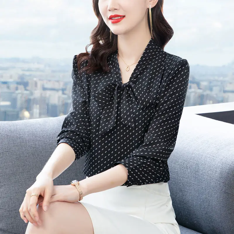 Polka Dot Black Chiffon Shirt Female 2023 Spring Autumn Office Lady Scarf Collar Bow Bandage Long Sleeve Pullover Blouse