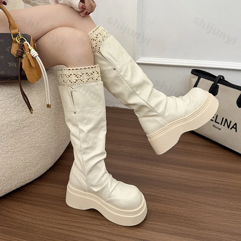 Women Knight High Boots 2025 Autumn Lace Platform Fashion Height Increase Shoes Female Punk Slim Long Booties Zapatos De Mujer