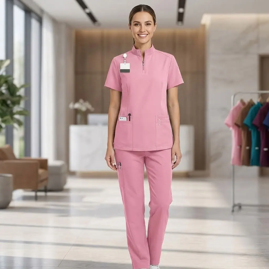 

Nurse Stand-up Collar Zipper Work Uniform, Surgical Gown, Hand Gown Operating Room Straight Pants, Women Attire