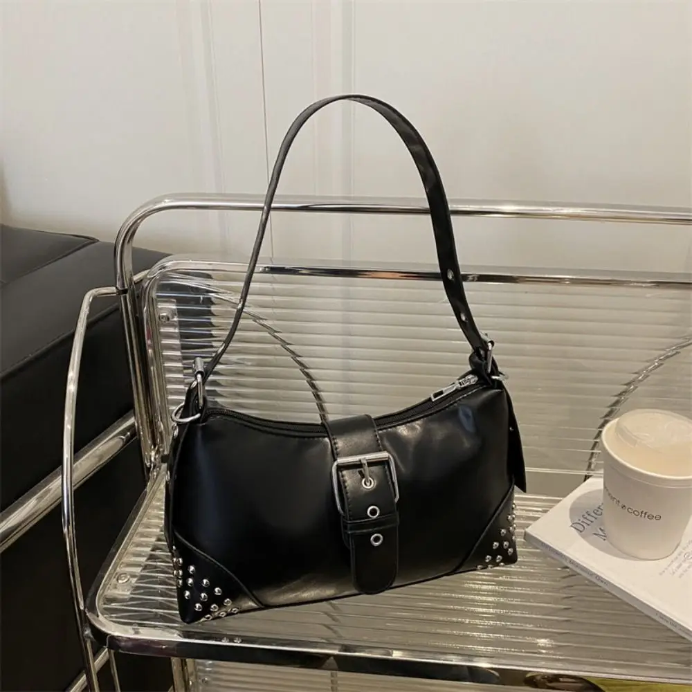 

Casual Designer Buckle Armpit Bag Y2k Gothic Rivet Shoulder Bag Vintage Pu Leather Spicy Girl Handbag Women