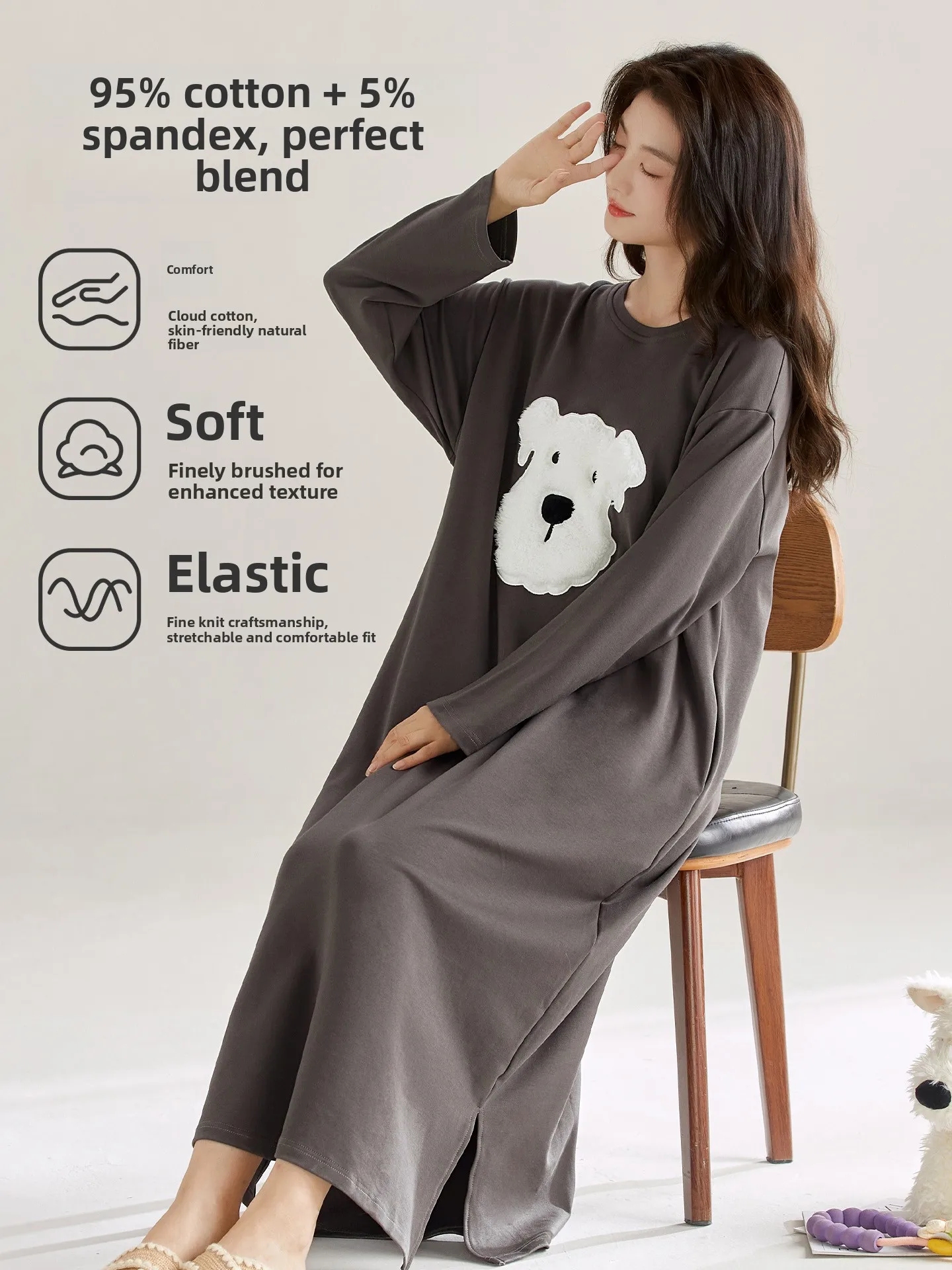 Ultra Soft Long Sleepwear round Neck Cartoon Dog Print Women's Nightgown Comfortable Loose Fit Home Outfit Cotton Blend